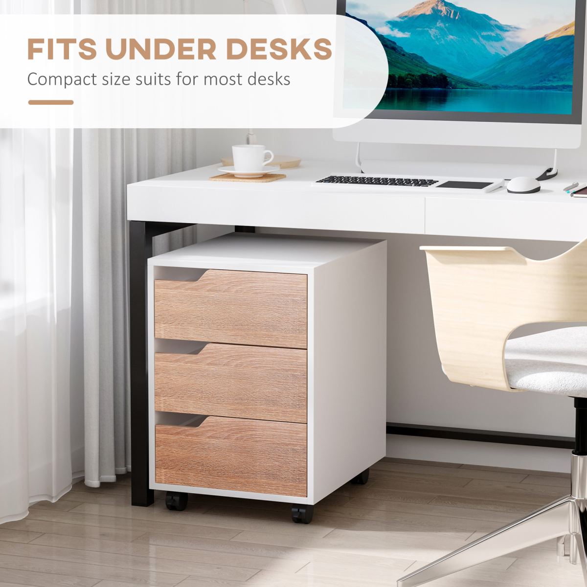MDF Mobile File Cabinet w/ 3 Drawers Locking Wheels Metal Rails Oak Tone White