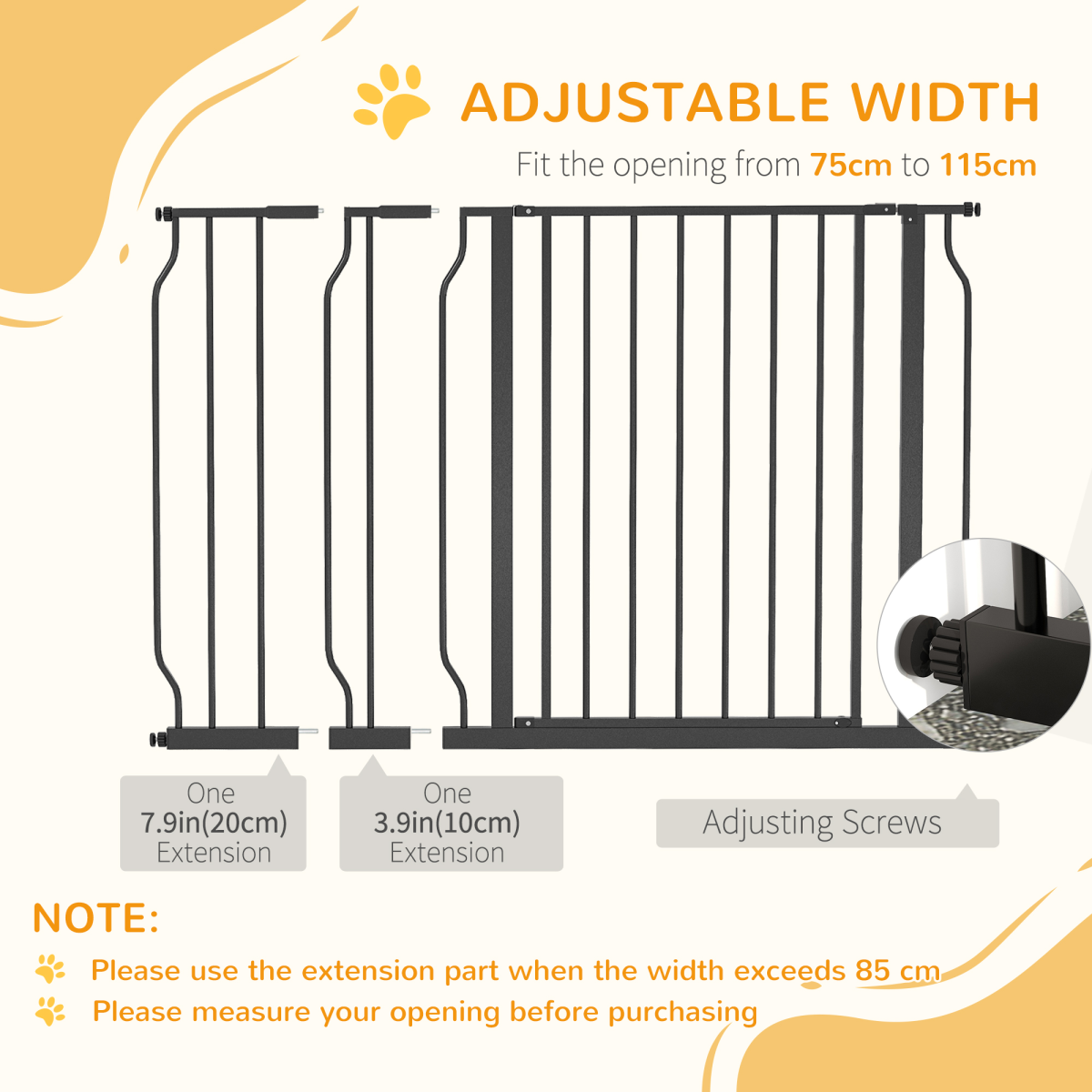 PawHut Dog Gate Wide Stair Gate with Door Pressure Fit, 75-115W cm, Black