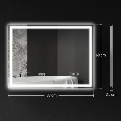 HOMCOM 600 x 800 mm Bathroom Mirror with Bluetooth Clock Lights Demister Pad