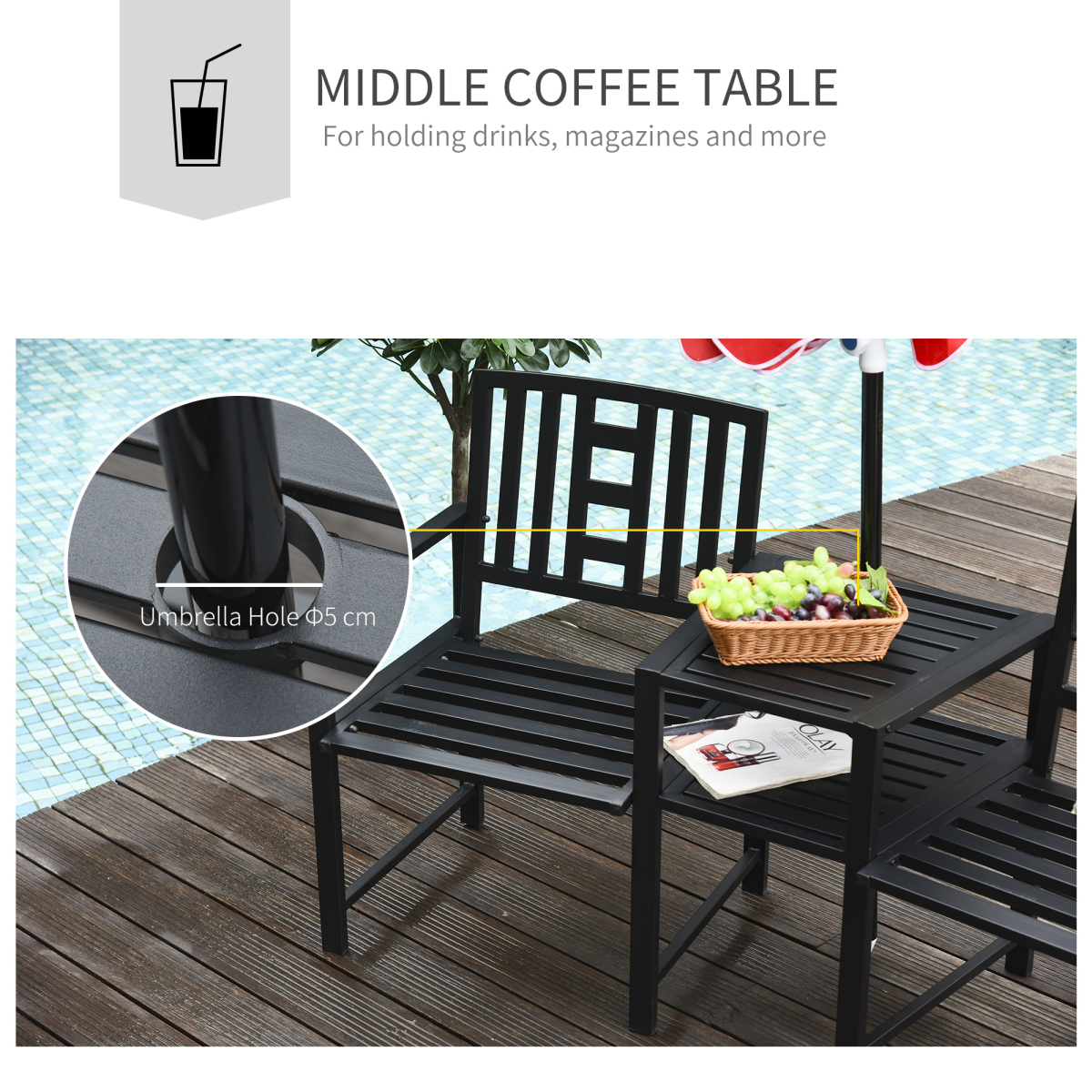 2 Seat Garden Chair Bench Loveseats w/Coffee Table Slatted Design Patio Yard