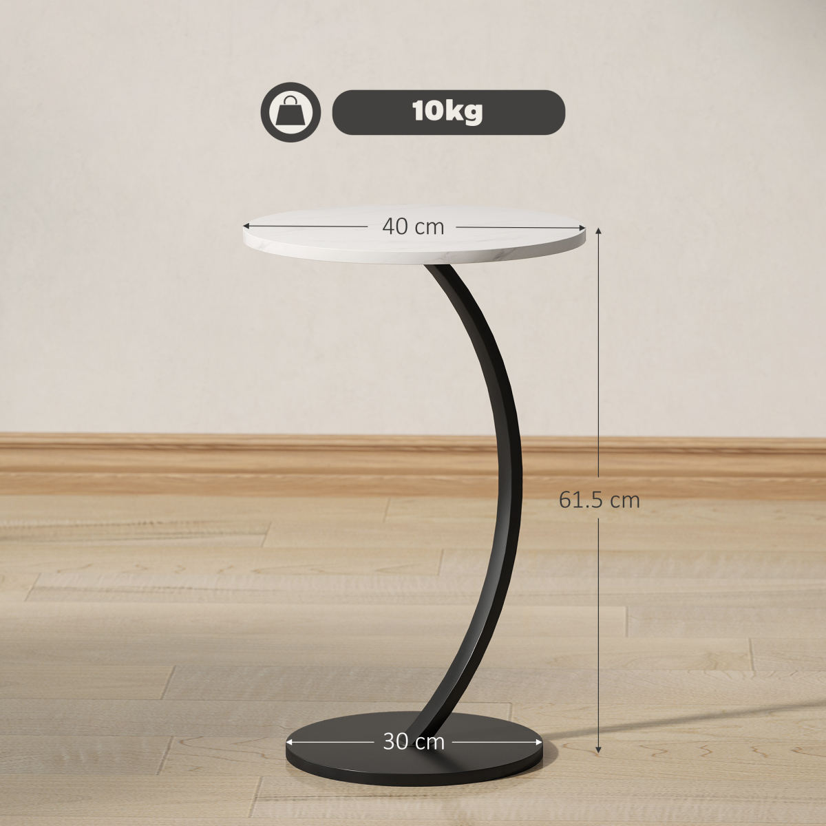 HOMCOM C Shaped Side Table, Round Bedside Table w/ Marble Effect Top, White