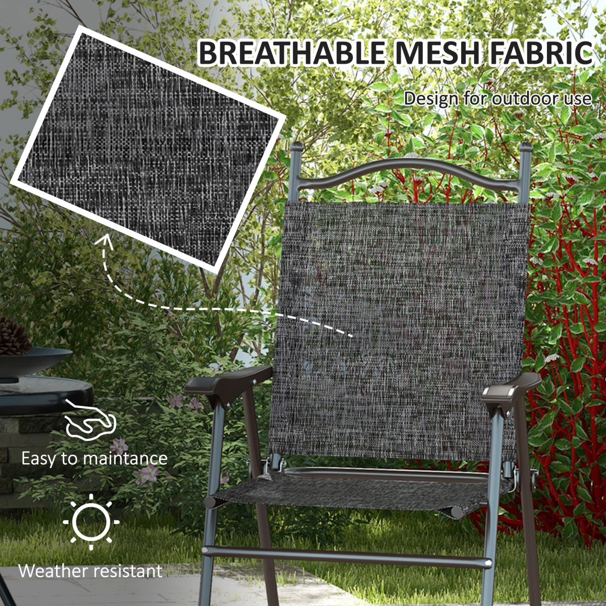 Outsunny Folding Chairs Set with Armrest, Breathable Mesh Fabric Seat, Grey