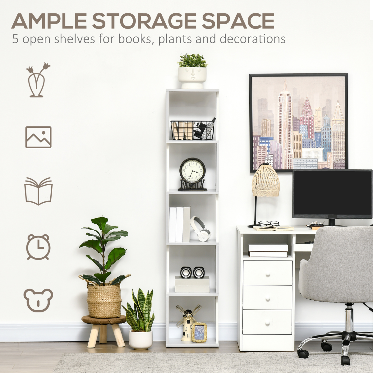 5-Tier Bookshelf, Freestanding Bookcase Storage Shelving Light Grey