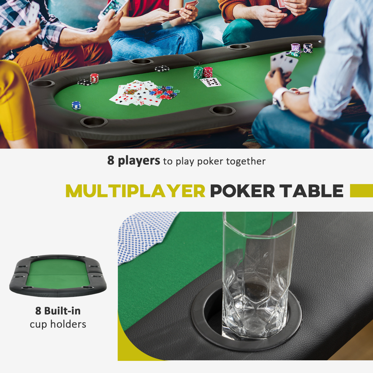 Foldable Poker Table Casino Top 8 Players Game Trays Drink Holder