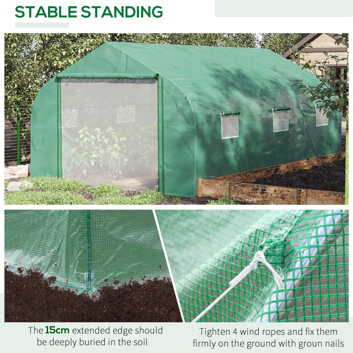 4.47 x 3 x 2m Walk-in Polytunnel Tent,  PE Cover, ZipDoor 6Windows, Green