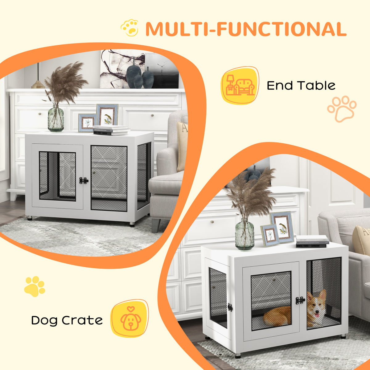 Dog Kennel Furniture End Table w/ Two Doors, Soft Cushion for Large, Medium Dogs