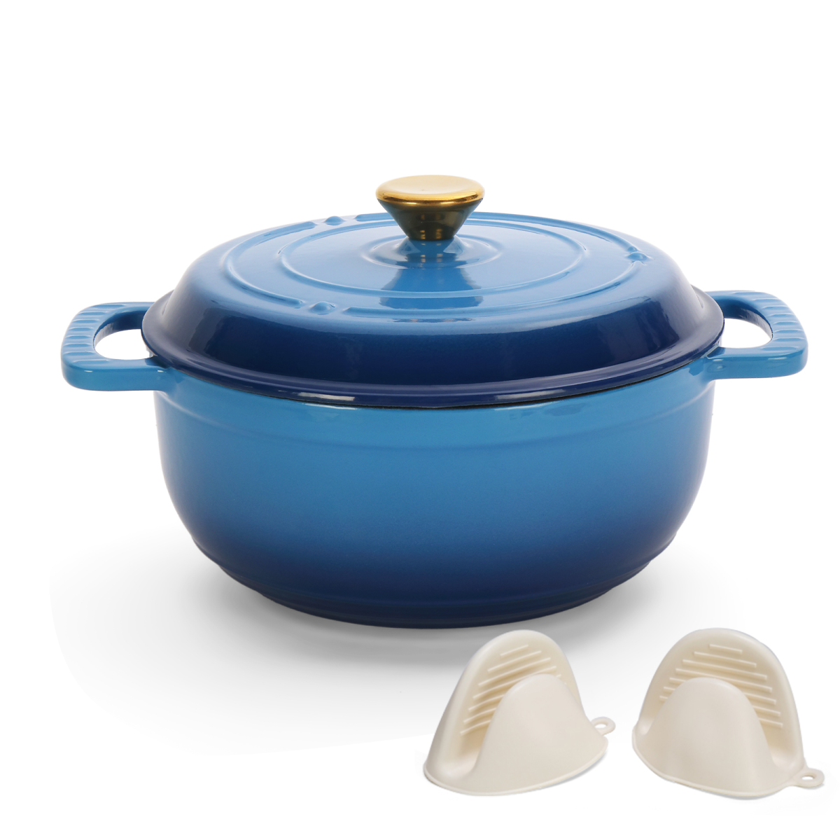 Cast iron 5QT cooking pot - Gradient blue - Includes two silicone gloves - Enamel pot