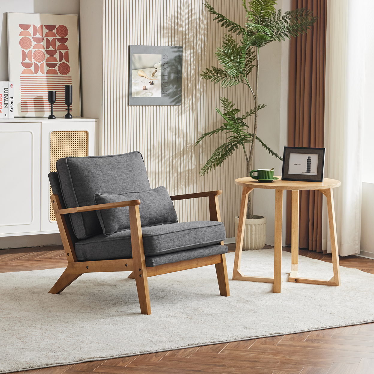 Mid-Century Oak Accent Chair - Linen-Cotton Dark Gray Upholstered Single Lounge Chair, Indoor Armchair with Sturdy Wood Frame (330LBS Weight Capacity)