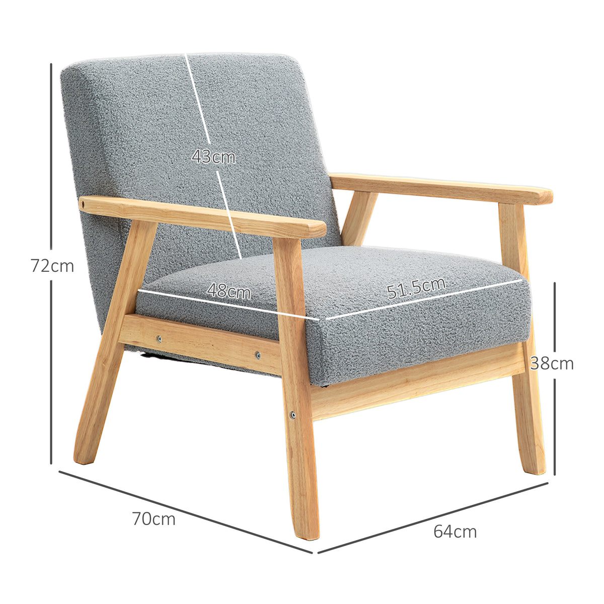 HOMCOM Modern Armchair, Sherpa Fleece Upholstered Accent Chair with Solid Wood Legs and Wide Seat, Padding Lounge Chair for Living Room Bedroom Office, Grey