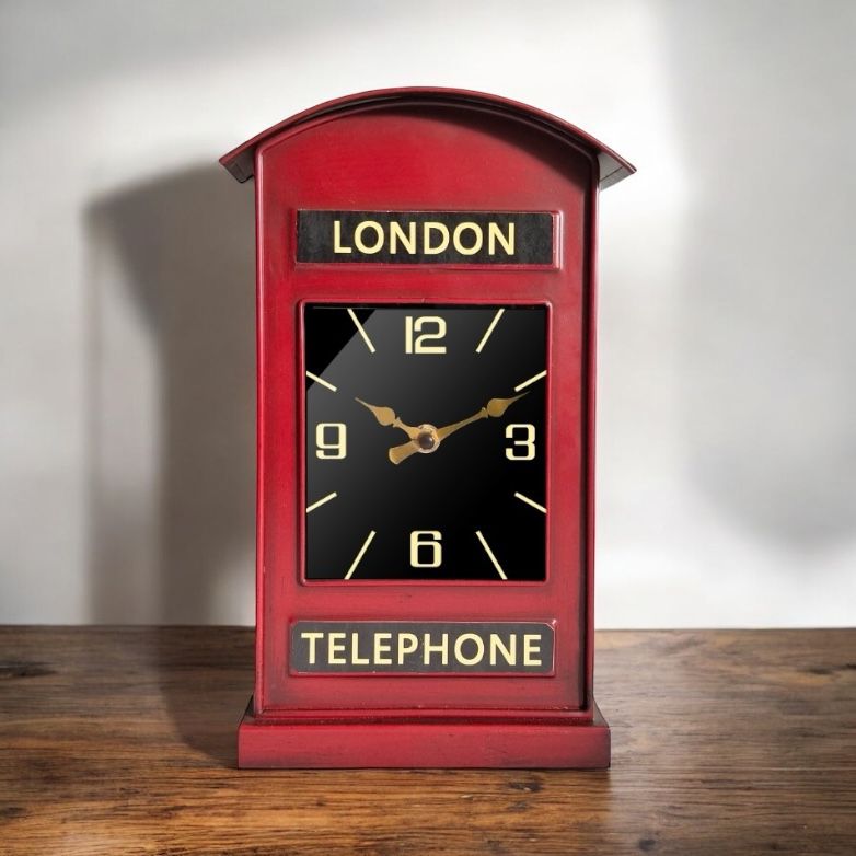 Stylish & Modern Red London Telephone Box Mantel Clock – Silent Sweep Tabletop Clock with Classic British Design for Elegant Decor Accent at Home, Office, & Bedroom