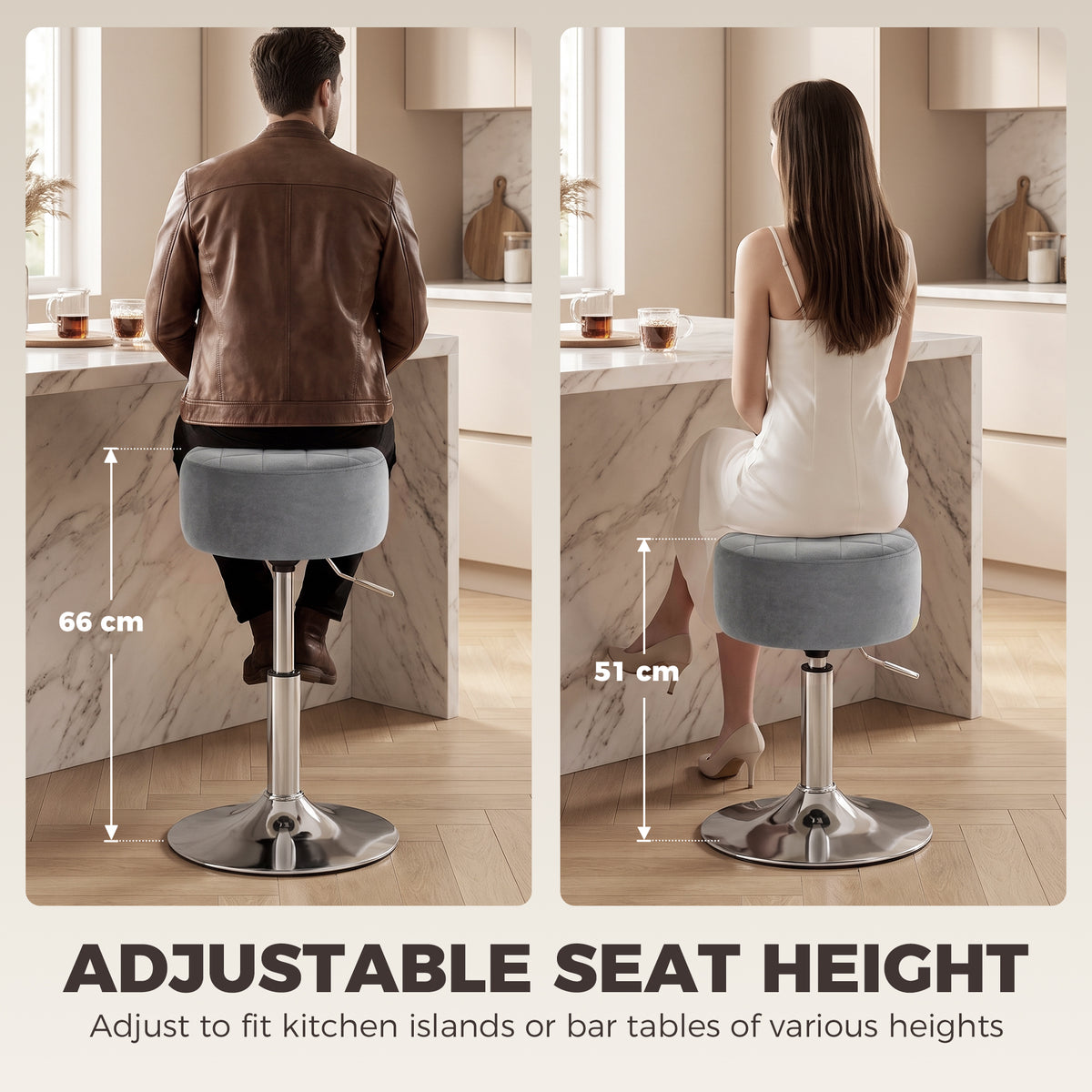 HOMCOM Bar Stool Adjustable Swivel Chair Velvet-Feel Seat 1 Piece, Grey