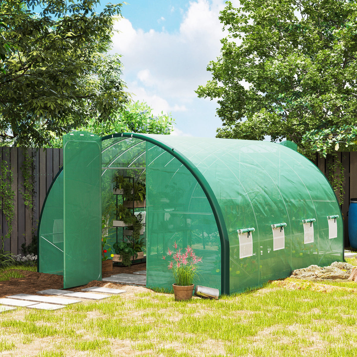 Outsunny 4 x 3 m Polytunnel Greenhouse, with Windows and Doors - Green