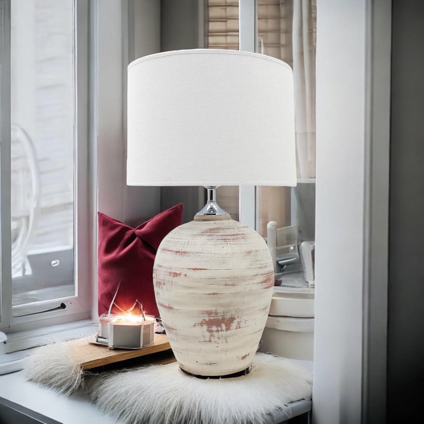 AcaciaHome Elegant Ceramic Table Lamp with Fabric Drum Shade – Decorative Bedside or Nightstand Light, Warm Soft Ambient Glow, E27 Bulb Compatible Lamp for Bedroom, Office & Desk (61cm Cream Lamp)