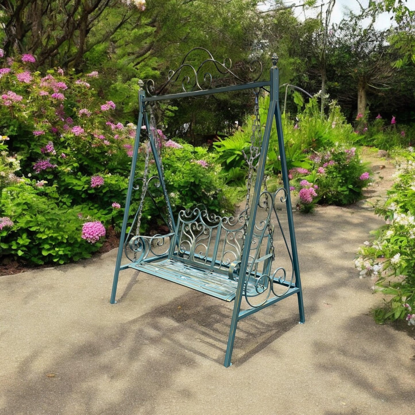Durable & Stylish Blue Gold Metal Swing Chair Garden Hammock 2-Seater - Outdoor Patio Bench with Adjustable Chains, Rocking Motion & Weather-Resistant Finish use for Garden Relaxation