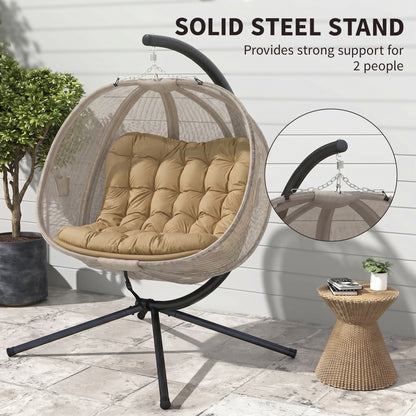 Outsunny Double Hanging Egg Chair 2 Seaters Texteline Swing Hammock Chair with Stand, Cushion and Folding Design, for Indoor and Outdoor, Brown