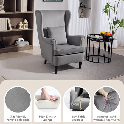 HOMCOM Modern Accent Chair with High Backrest and Pillow, Velvet-Feel Fabric Reading Chair with Solid Wood Legs, Grey