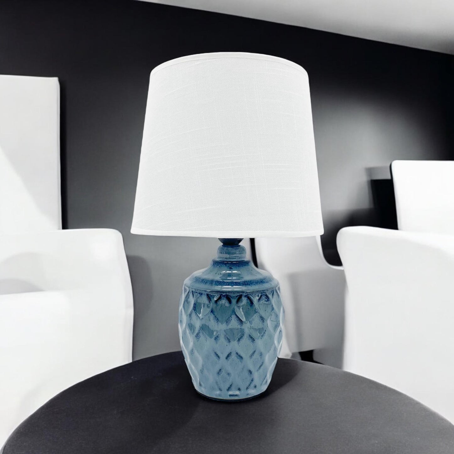 AcaciaHome Sophisticated and Durable 40cm Blue Ceramic Table Lamp with White Drum Shade - Elegant Home Decor with Functional Design for bedrooms, Living Rooms, or Studies Room (Round/Tall Blue Vase)