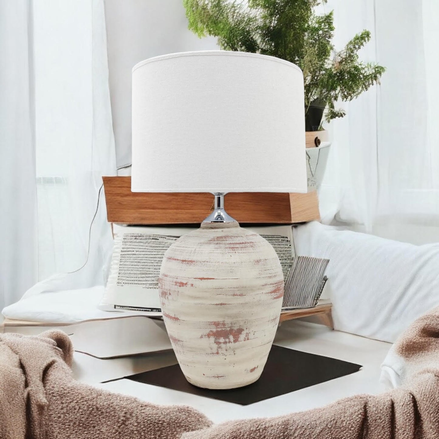 AcaciaHome Elegant Ceramic Table Lamp with Fabric Drum Shade – Decorative Bedside or Nightstand Light, Warm Soft Ambient Glow, E27 Bulb Compatible Lamp for Bedroom, Office & Desk (61cm Cream Lamp)