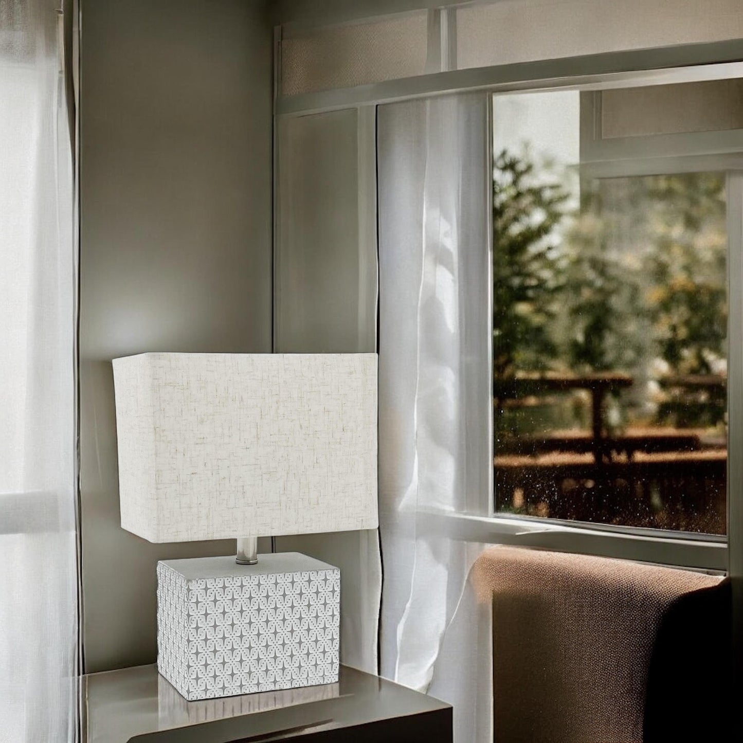 Stylish & Elegant Art Deco Cream-Grey Cement Table Lamp with Diamond Pattern & Off-white Fabric Energy Efficient Empire Shade for Bedroom, Office, Home Decor Lighting (Square -20cm-15cm-10cm)