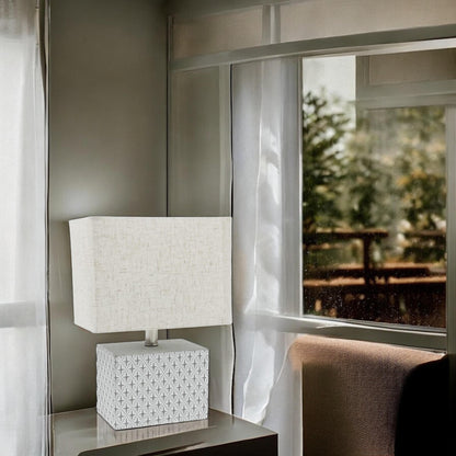 Stylish & Elegant Art Deco Cream-Grey Cement Table Lamp with Diamond Pattern & Off-white Fabric Energy Efficient Empire Shade for Bedroom, Office, Home Decor Lighting (Square -20cm-15cm-10cm)