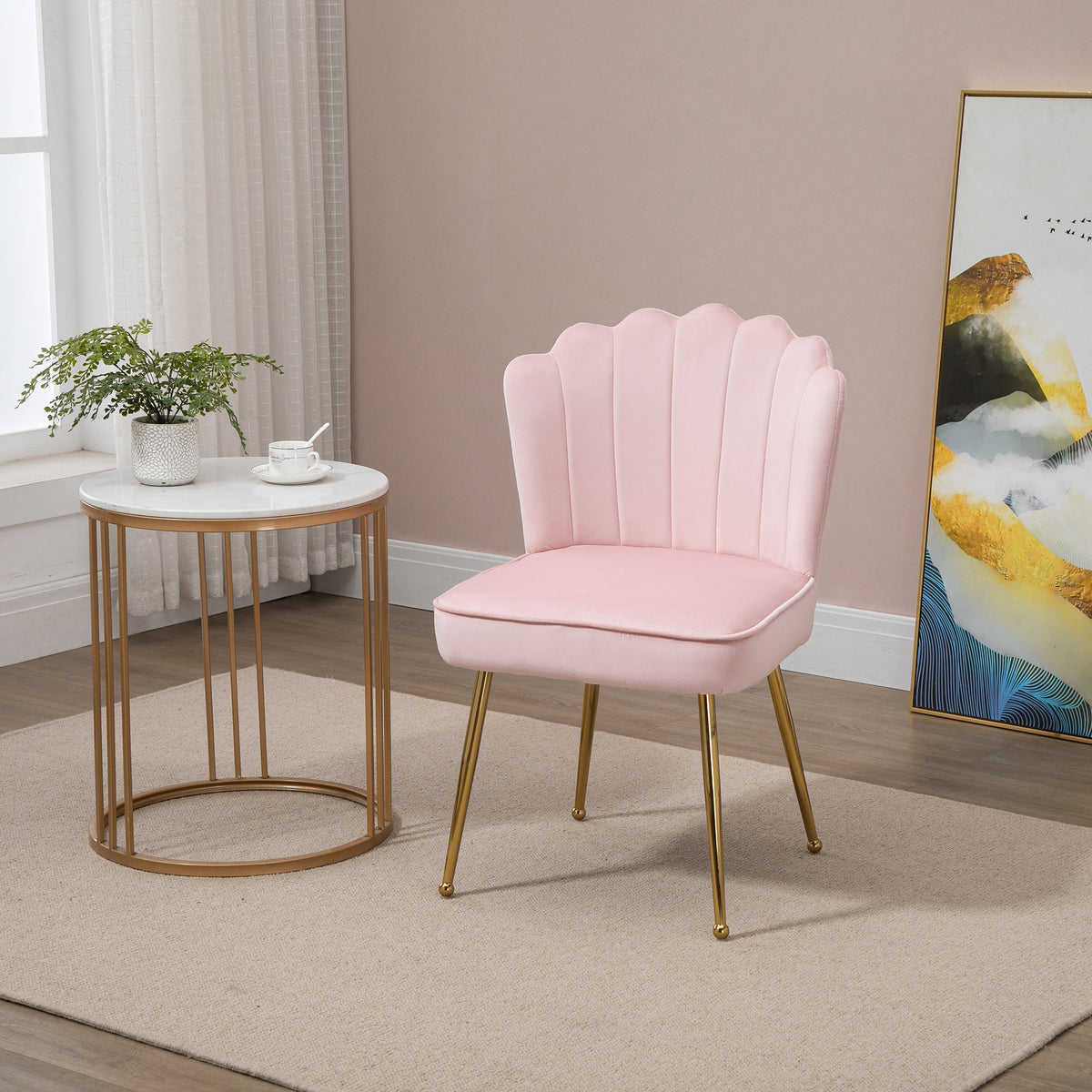 HOMCOM Velvet-Feel Shell Accent Chair with Metal Legs and Comfort Padding - Pink