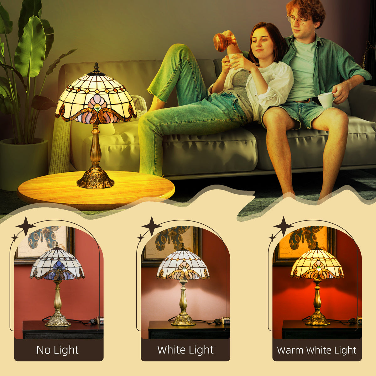 HOMCOM Tiffany Stained Glass Table Lamp, Handmade Antique Bedside Lamp, Decorative Night Light for Bedroom, Living room, Home, Nightstand