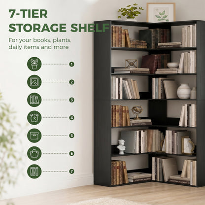 HOMCOM 7 Tiers Bookshelf, L-Shaped Corner Bookcase with Anti-Slip Rear Guard, Black Wood Effect