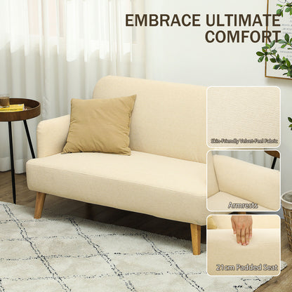 HOMCOM Velvet Feel Fabric 2 Seater Sofa, Small Sofa Loveseat with 21cm Thick Padding and Wood Legs, Cream White