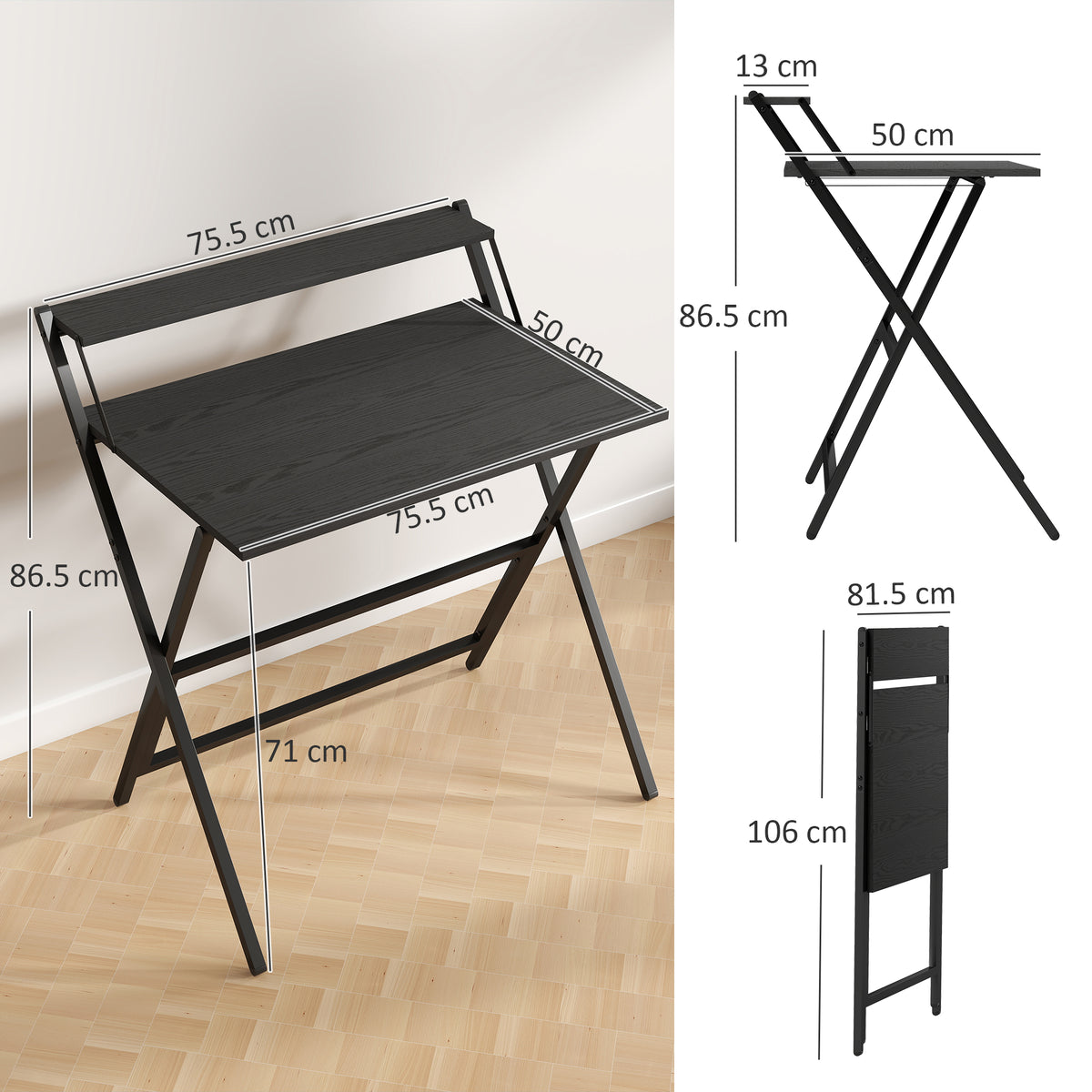HOMCOM 81.5 cm Folding Computer Desk with Monitor Shelf - Black
