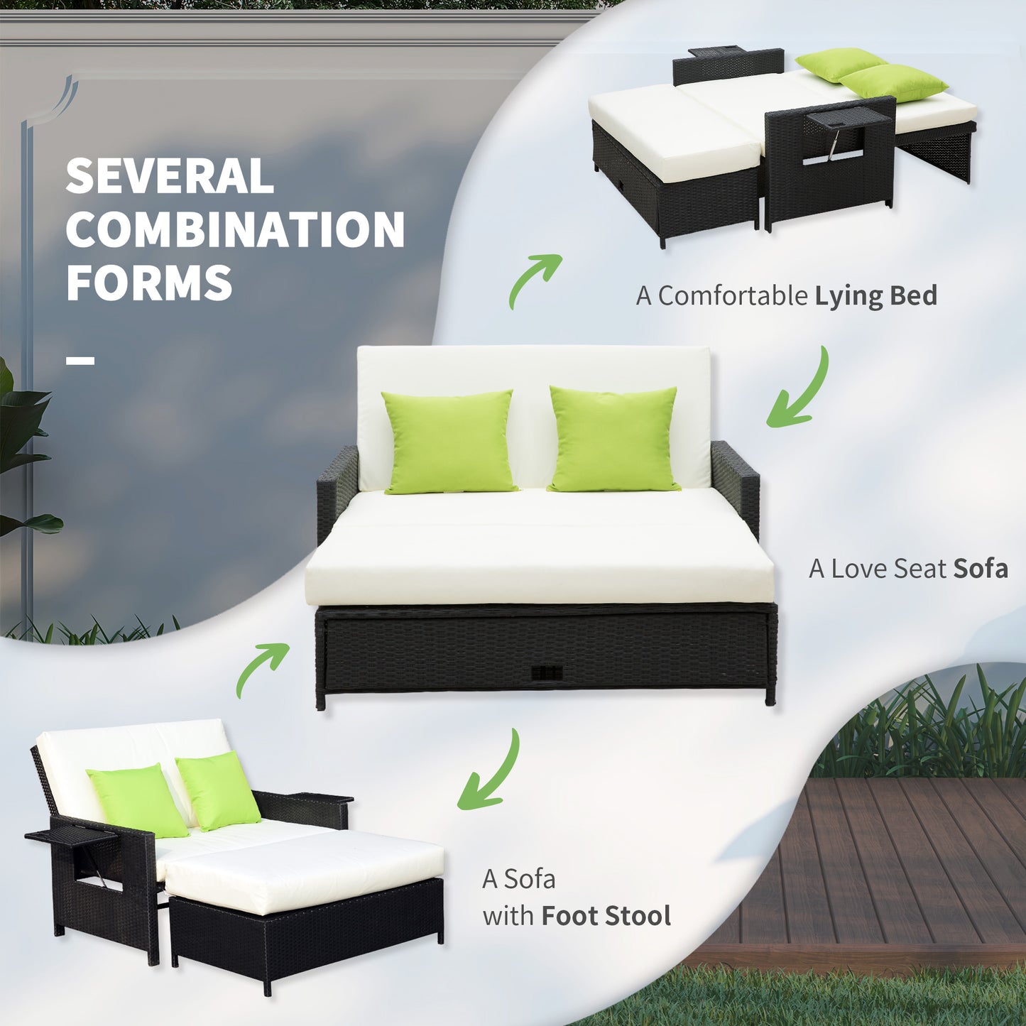 Outsunny 2 Seater Assembled Garden Patio Outdoor Rattan Furniture Sofa Sun Lounger Daybed with Fire Retardant Cotton - Black