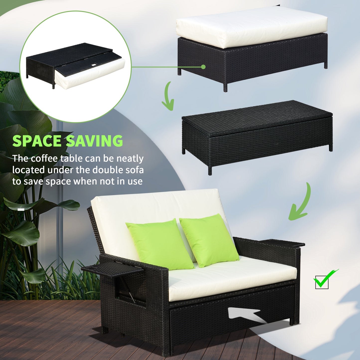 Outsunny 2 Seater Assembled Garden Patio Outdoor Rattan Furniture Sofa Sun Lounger Daybed with Fire Retardant Cotton - Black