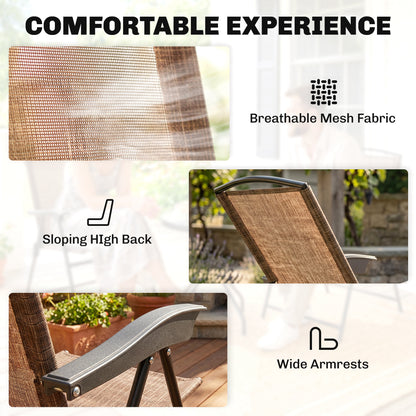 Outsunny 3 Piece Outdoor Bistro Set, Patio Conversation Furniture Set with 2 Folding Backrest Adjustable Armchairs and Glass Top Coffee Table, Brown
