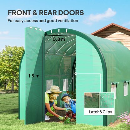 Outsunny 3 x 2 m Polytunnel Greenhouse, with Reinforced PE Cover, Windows and Doors - Green