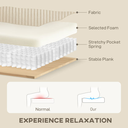 HOMCOM 3 Seater Sofa, 212cm Corduroy Couch with Spring Cushion, Wide and Deep Seat, Plush Backrest, 2 Pillows, Sofa Settee for Living Room, Home Office, Cream White