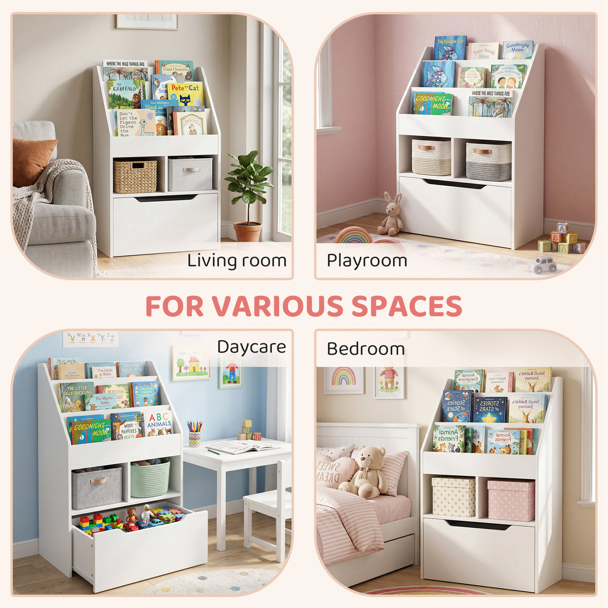 HOMCOM Kids Bookshelf, Toy Organiser, with Storage Drawer, Wheels - White