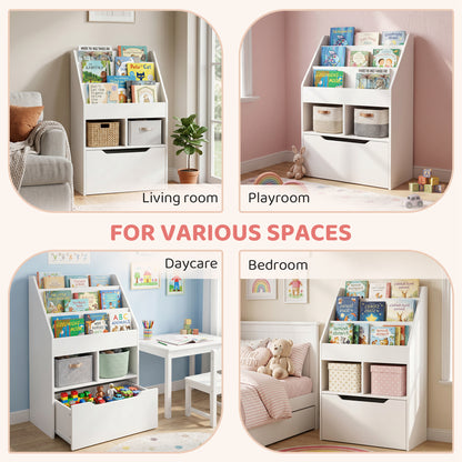 HOMCOM Kids Bookshelf, Toy Organiser, with Storage Drawer, Wheels - White