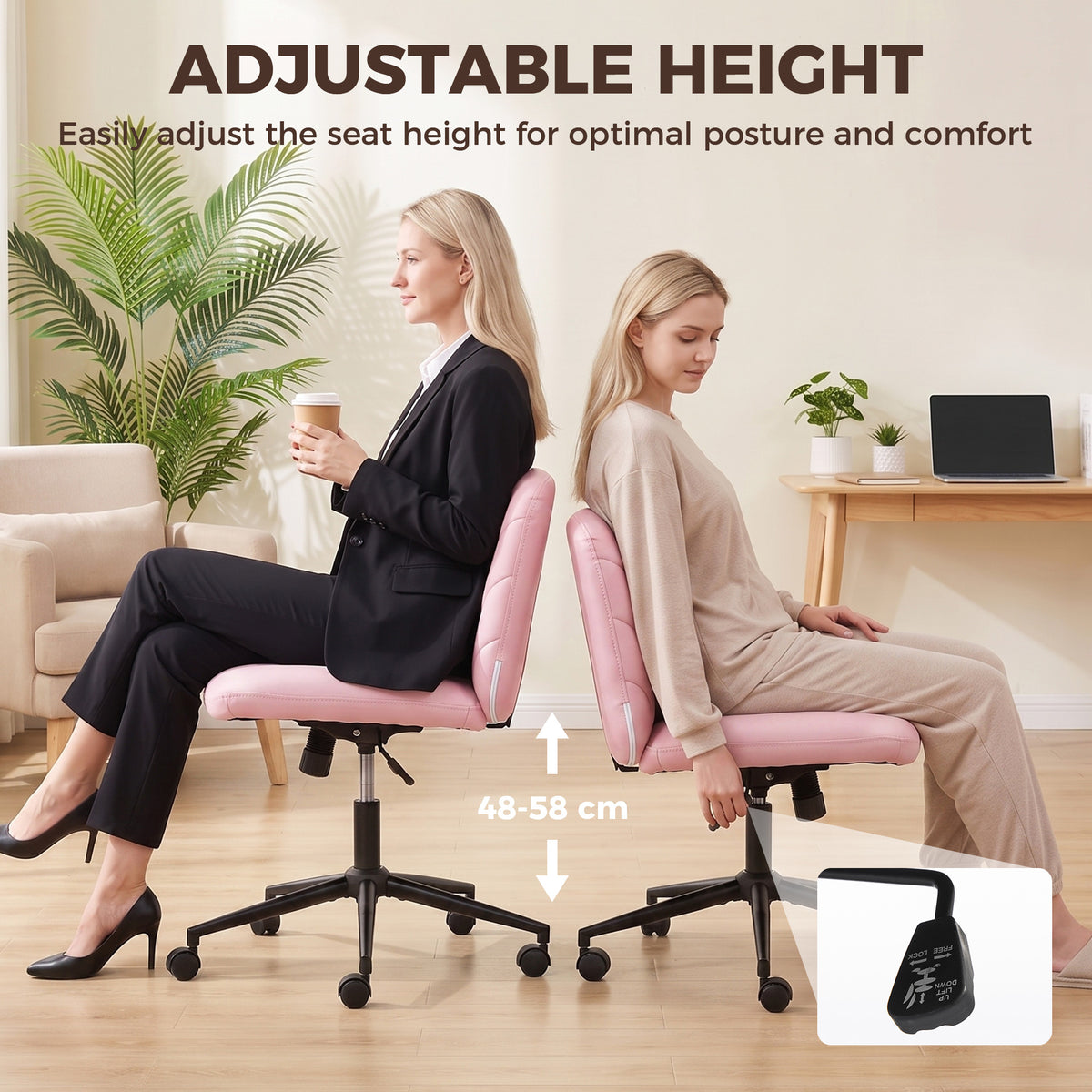 HOMCOM Home Office Desk Chair Height Adjustable Swivel Chair Cross Legged Wide Seat Swivel Wheels Pink