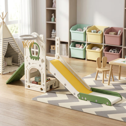 AIYAPLAY Foldable 5 in 1 Toddler Slide with Ladder, Climbing Wall, Basketball Hoop, Storage and Basketball for 1-3 Years, Cream