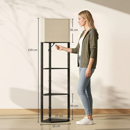 HOMCOM Corner Floor Lamp with Shelves, Tall Standing Lamps for Living Room, with Pull Chain Switch Bulb not Included, Black
