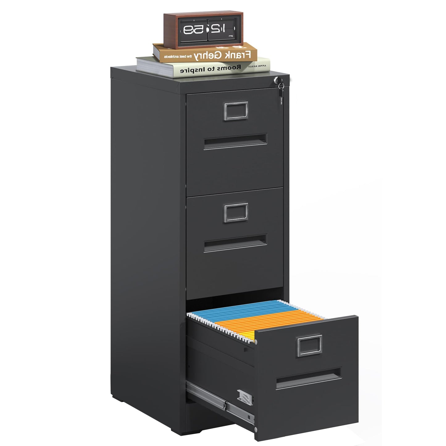 IKIMI Black Metal File Cabinet with 3 Drawer,Vertical File Cabinet with Lock for A4/Letter/Legal Size Files,Steel Filing Cabinets for Home
