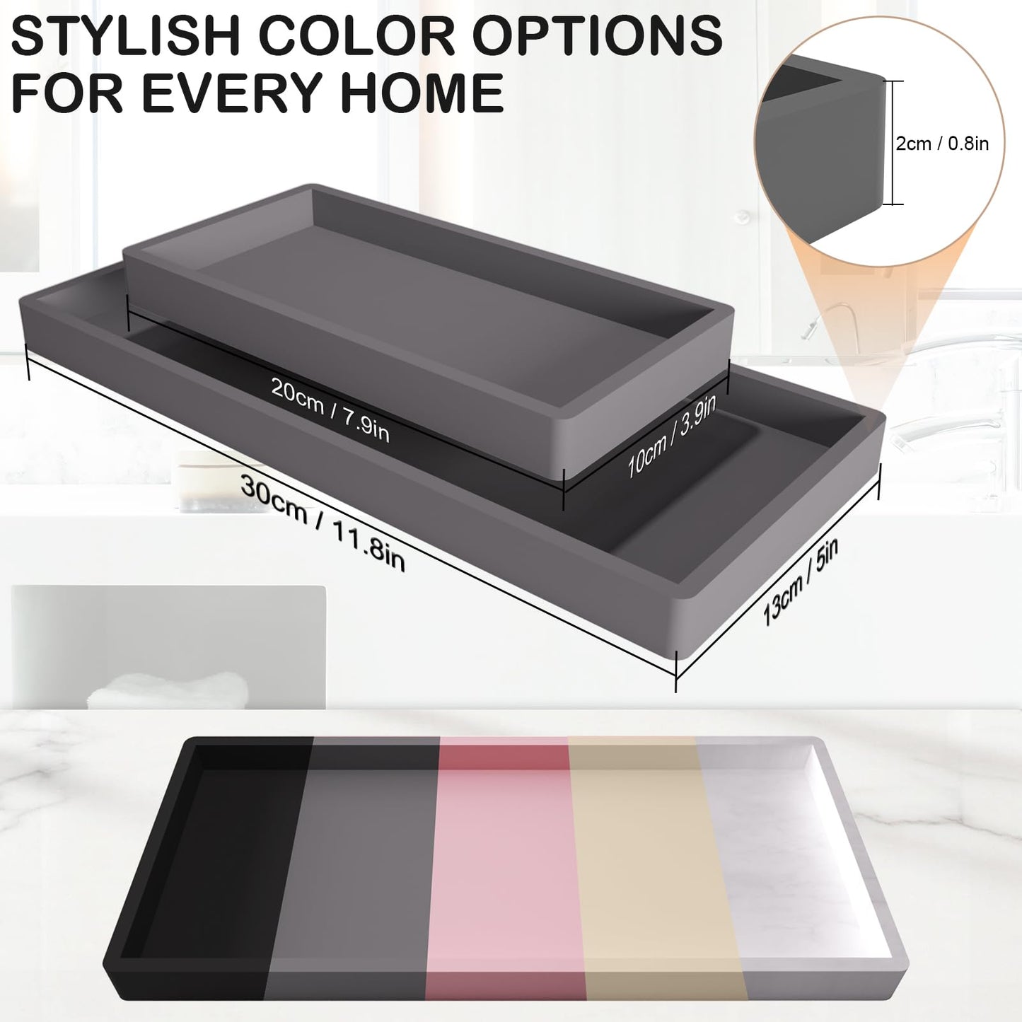 Silicone Bathroom Vanity Tray, Kitchen Counter Trays, 20x10cm Dressing Table Decorative Tray, Rectangular non-slip Toilet Tank Tray