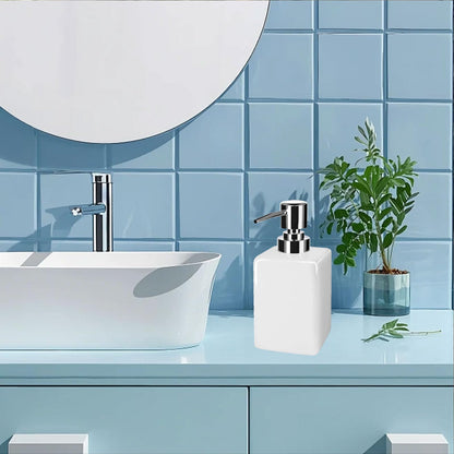 White Ceramic Soap Dispenser, 300ml Square Bathroom Soap Dispenser, Refillable Kitchen Bathroom Liquid Soap Dispenser for Hand Wash