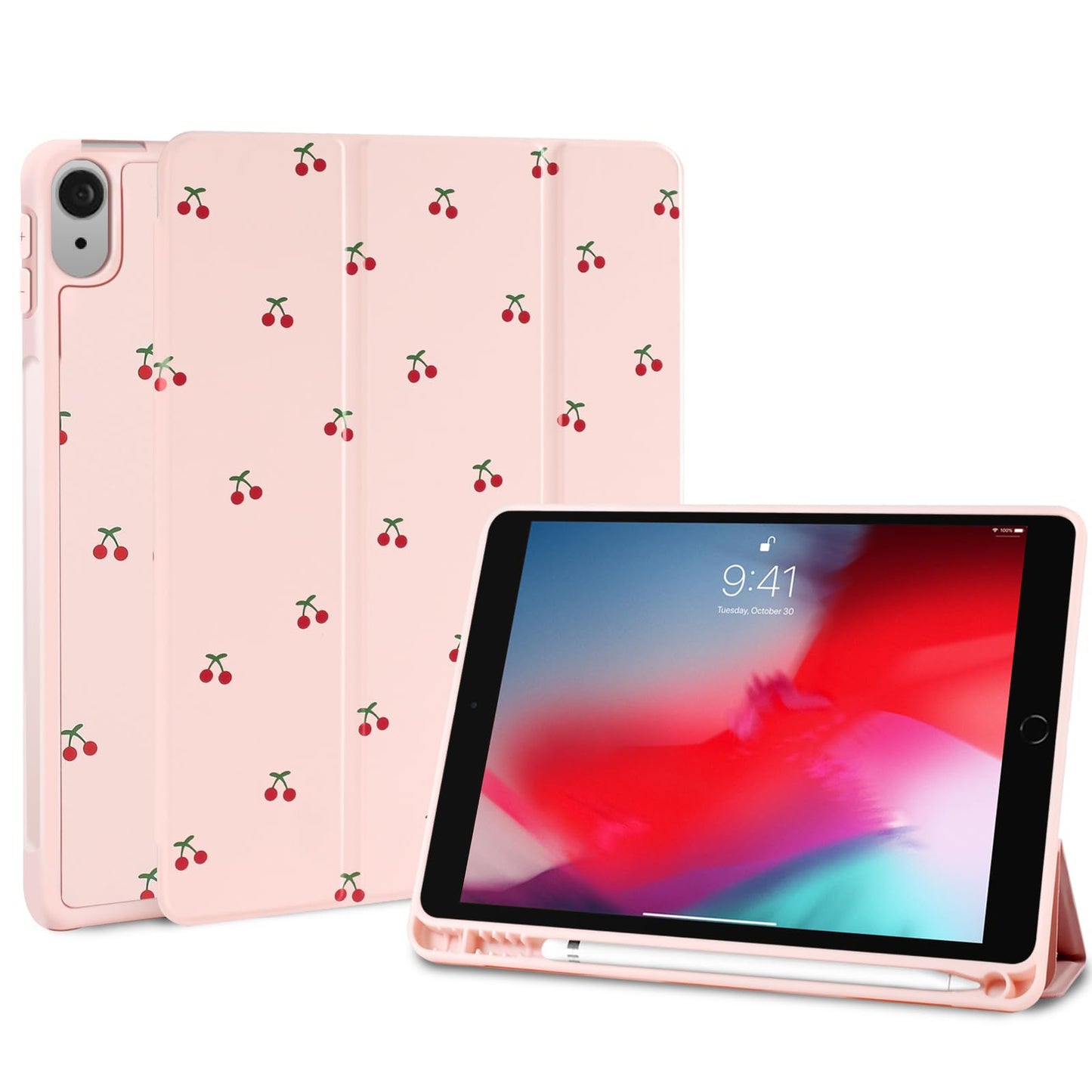 Fycyko Case for iPad Air 11 Inch M3 (2025)/M2 (2024),iPad Air 5th/4th Generation(2022/2020)-Pink Coquette Cherry Design with Pencil Holder Shockproof