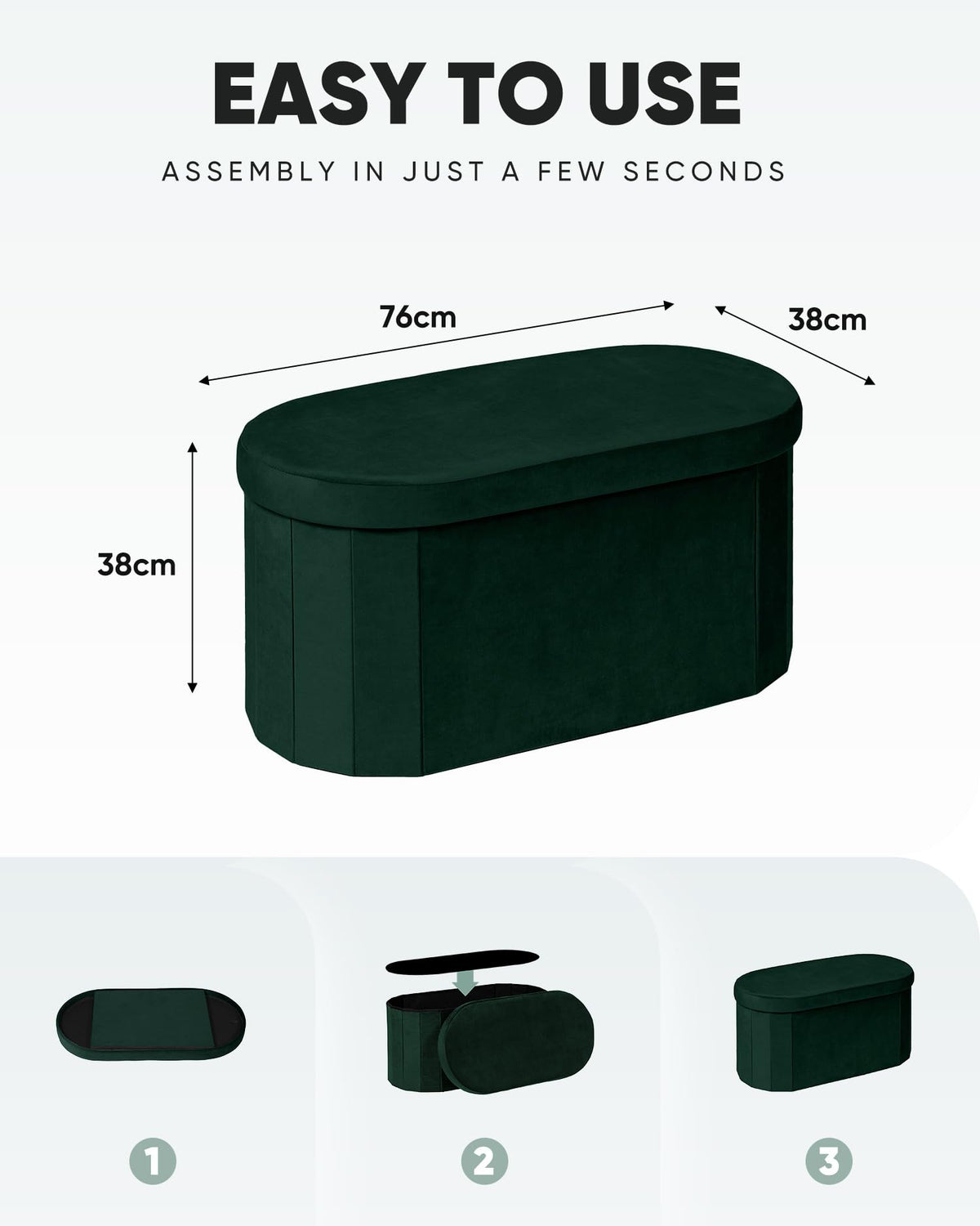 Bonlife Velvet Folding Ottoman Storage Bench, 76x38x38cm, Bottle Green