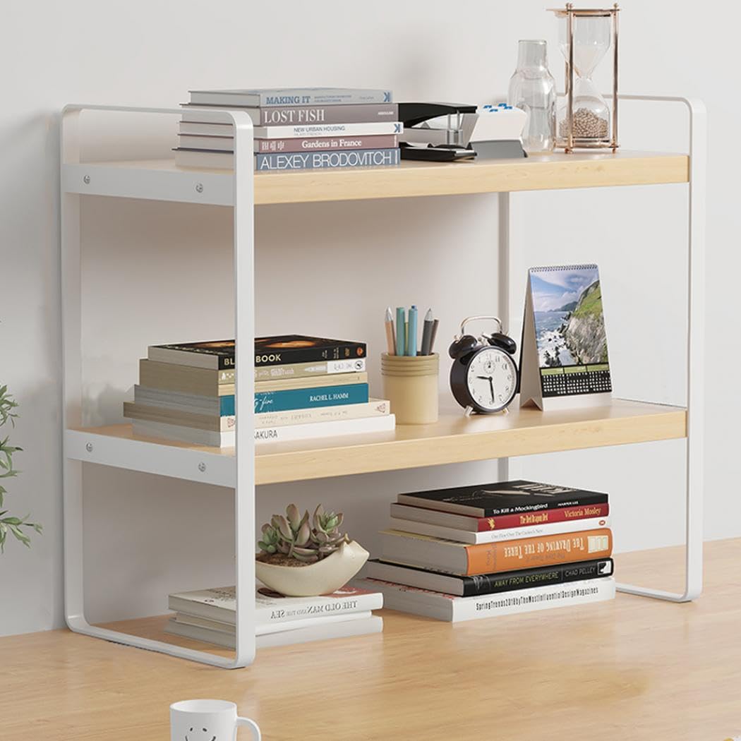 Milky Way 2-Tier Desktop Bookshelf Organizer,Wood Desk Shelf, White Frame﻿