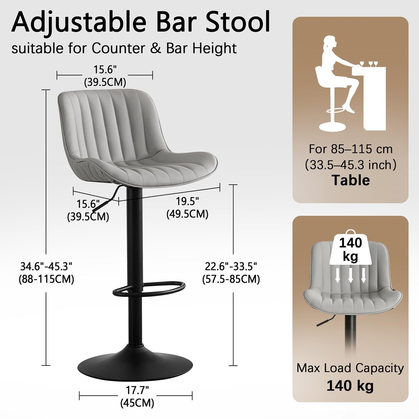 YOUNUOKE Bar Stools Set of 2 Gray Counter Height Bar Chairs