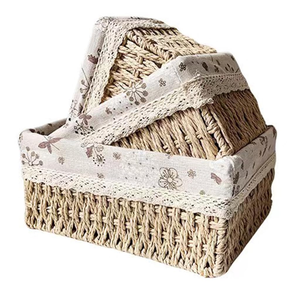 BEVKAF Seagrass Set of 3 Rectangular Storage Baskets Pear Blossom Style