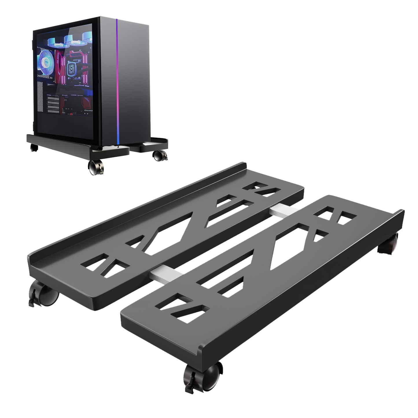 Qcdou Adjustable Mobile CPU Stand - Ventilated Tower Stand with 4 Caster Wheels, Fits Most PC, for Floor Carpet Gaming PC Case (Black)