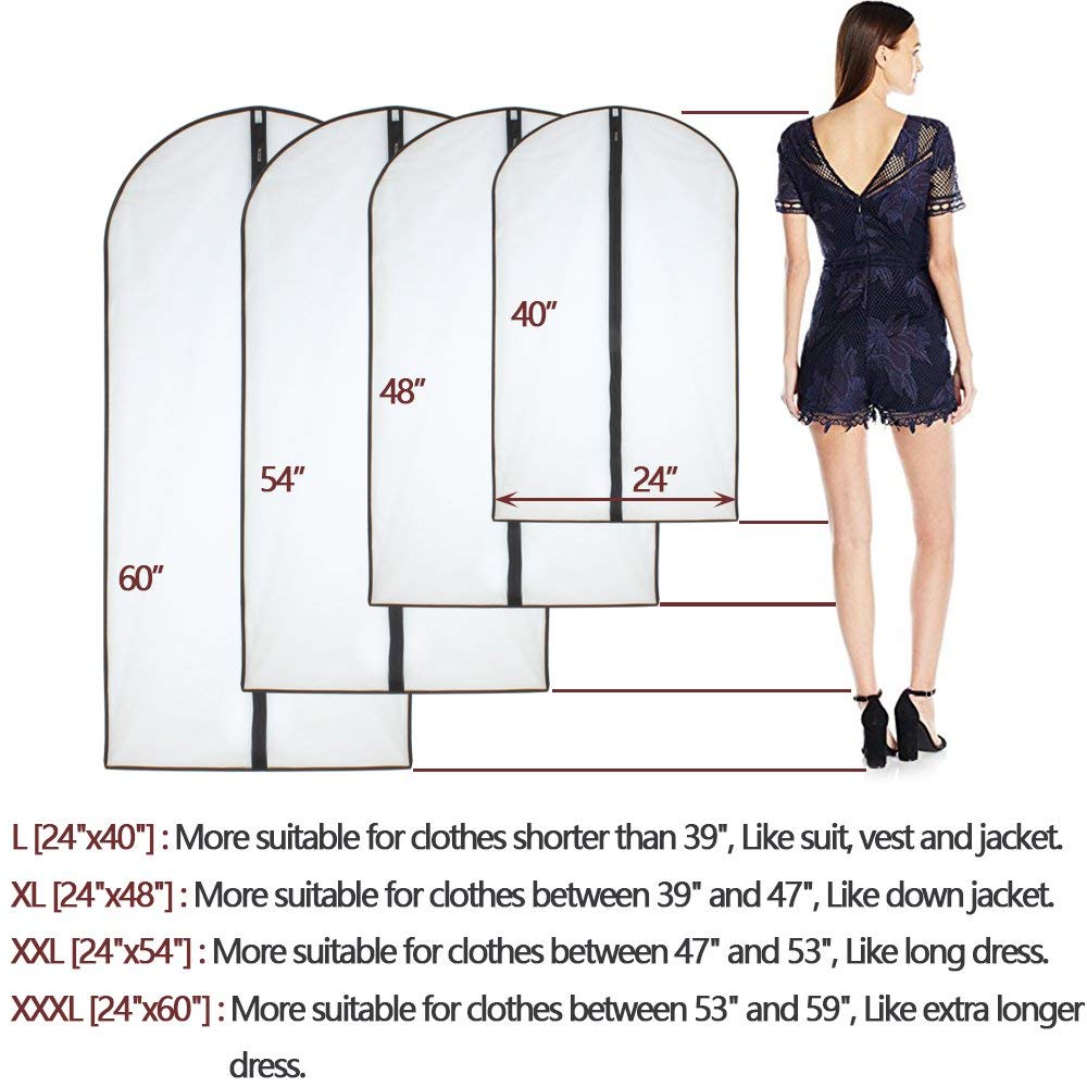 Moth Proof Garment Bags 60 x 120cm24'' x 48'' Black Side Breathable Clear Garment Full Zipper Bags for The Winter Coats Jackets ClothesPack of 6
