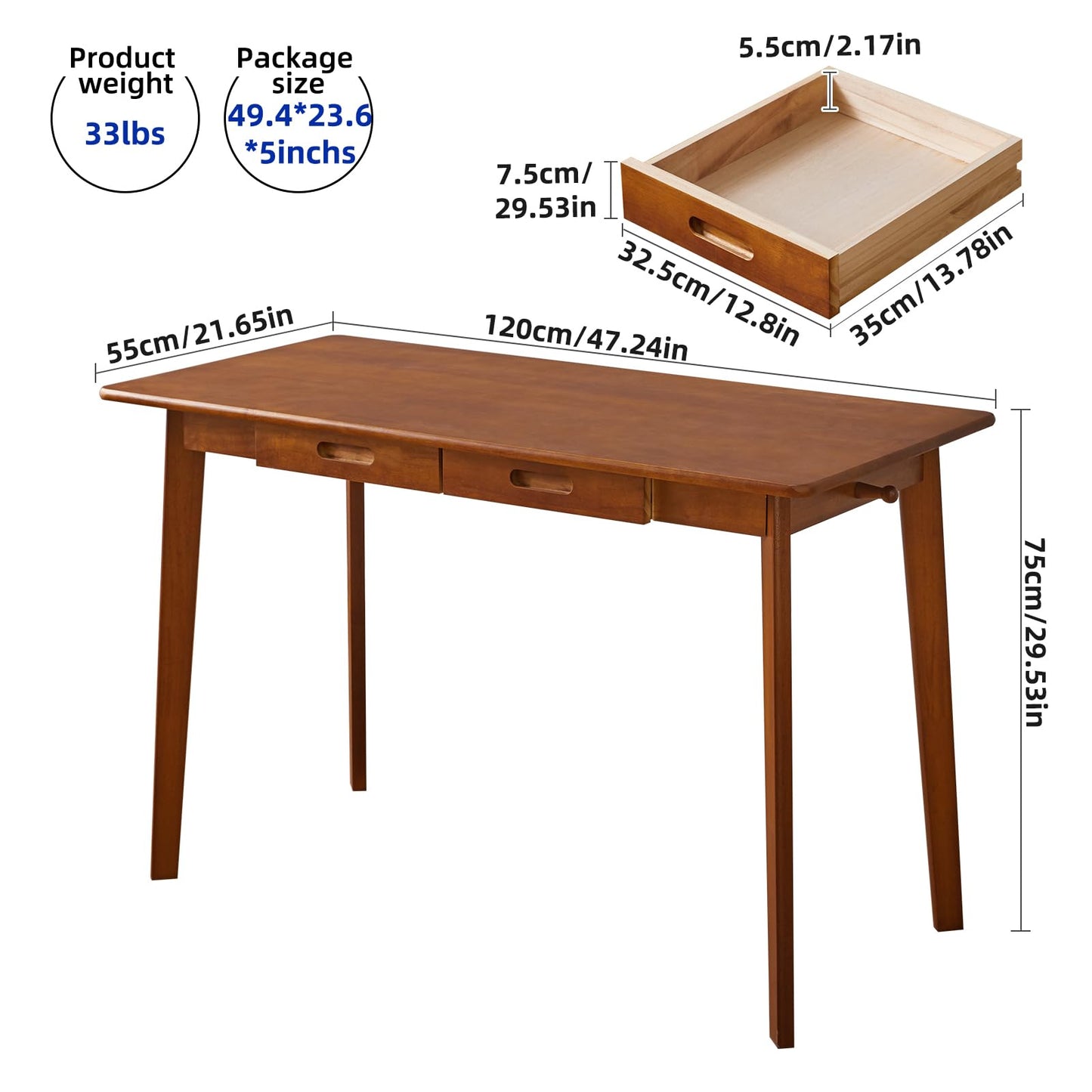 Aibiju Solid Wood Desk with Drawers, 47 Inch Computer Desk for Modern Minimalist Style, Gaming Study Home Office Desk for Work